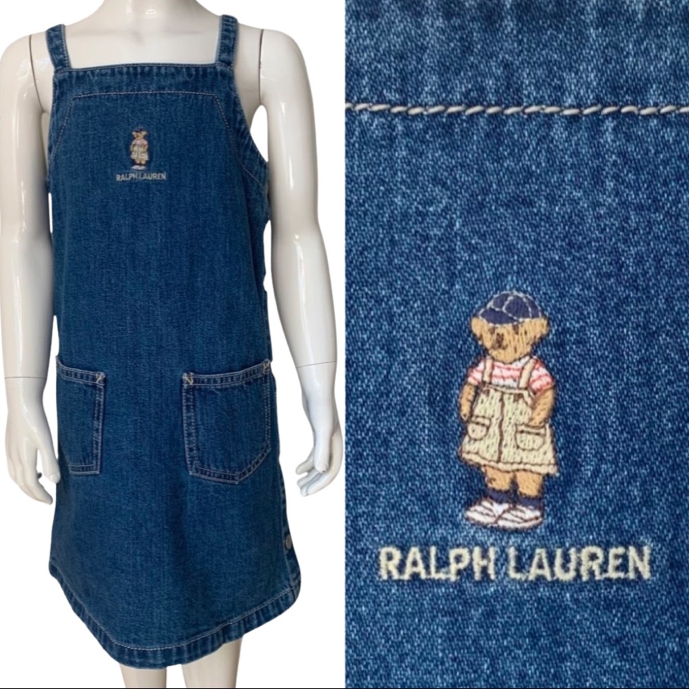 RALPH LAUREN Embroidered Polo Bear Denim Jumper Sleeveless Dress